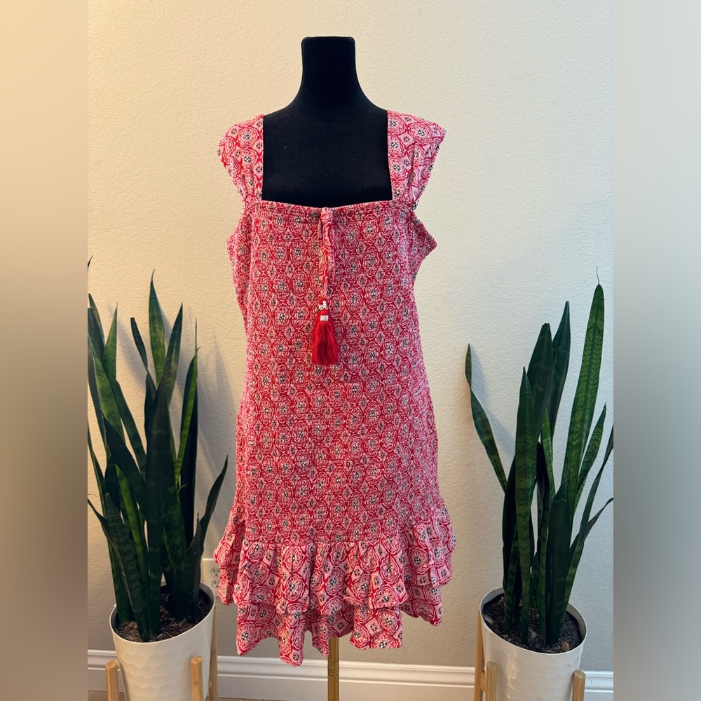 NWT B.O.G COLLECTIVE Dreamboat Red Medallion Print Smocked Mini Dress - Picture 12 of 15